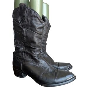 Vintage Zodiac Black Leather Boots Western Pull On Low Heel 80s Scrunch Shaft